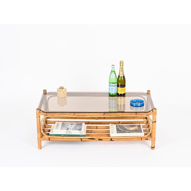 Large Italian Rectangular Coffee Table in Bamboo, Wicker and Smoked Glass, 1970s For Sale - Image 3 of 17