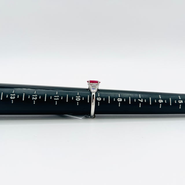 Red Heated Burma Purplish Red Ruby Oval and Baguette Diamond Ring, Size 9.25 in Platinum For Sale - Image 8 of 9