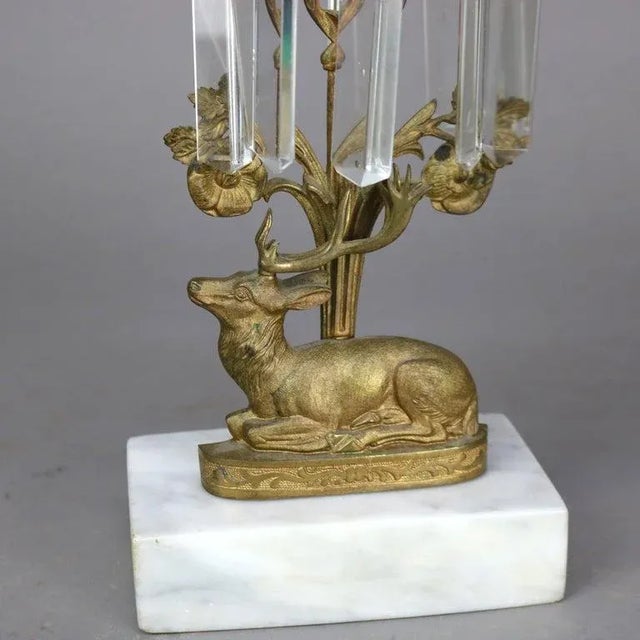 Pair Antique Figural Elk Bronze & Crystal Candle Holders with Marble Bases C1880 Measures- 13.75"H x 6"W x 3.5"D