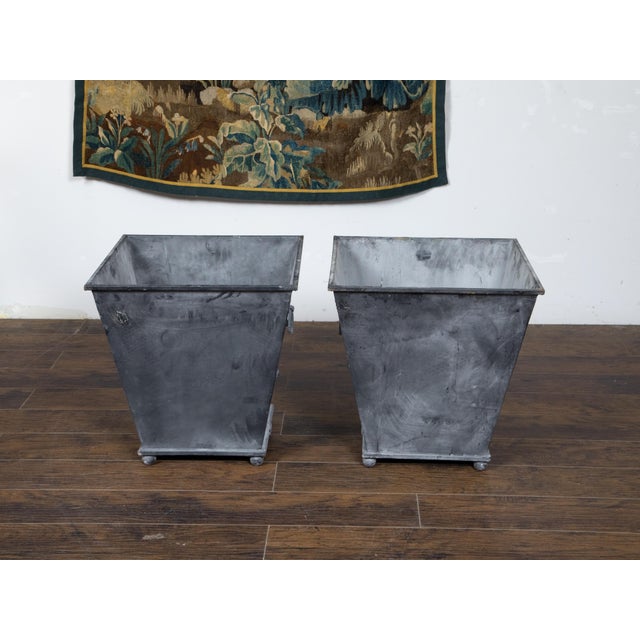 Early 21st Century Pair of Industrial Style Grey Metal Planters with Tapered Lines and Ring Pulls For Sale - Image 5 of 11