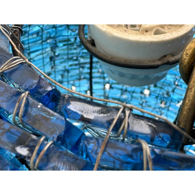 Vintage Mid-Century Cut Rich Blue Glass Stacked Globe-Shaped Round “Blue Moon” Pendant Light Fixture. Mid Century Vibe For Sale - Image 9 of 11