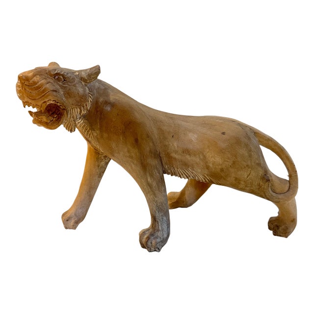 Vintage Hand-Carved Wood Cat Sculpture For Sale
