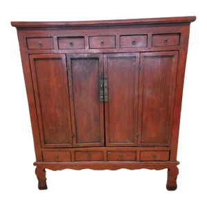 Antique Shanxi Province Red Lacquered Elm Storage Cabinet With Drawers