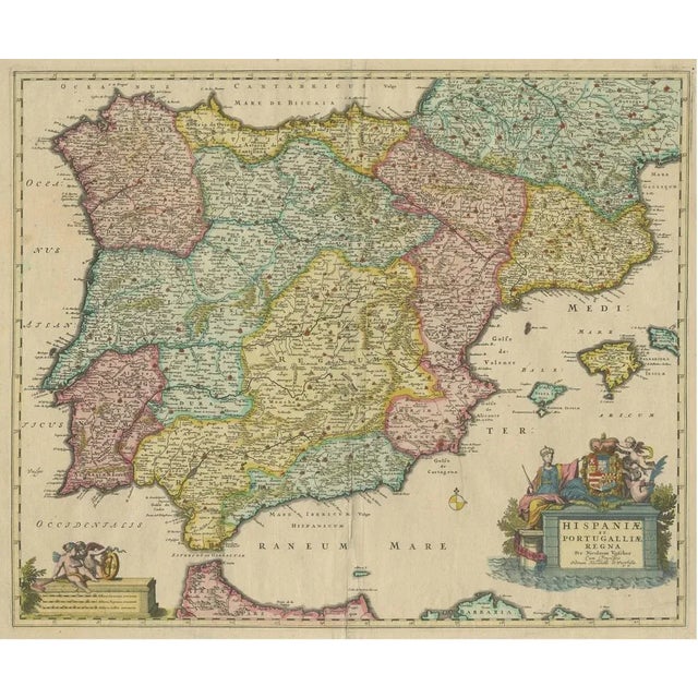 Antique Map of the Iberian Peninsula with Two Decorative Cartouches For Sale - Image 3 of 6