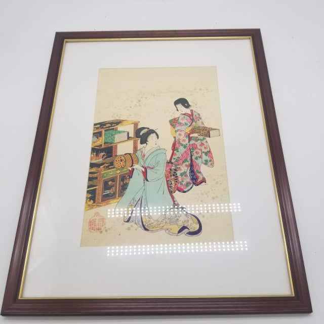 Japanese Vintage Japanese Ukiyo-E Period Woodblock Print Depicting Two Women With Scroll and Book For Sale - Image 3 of 15
