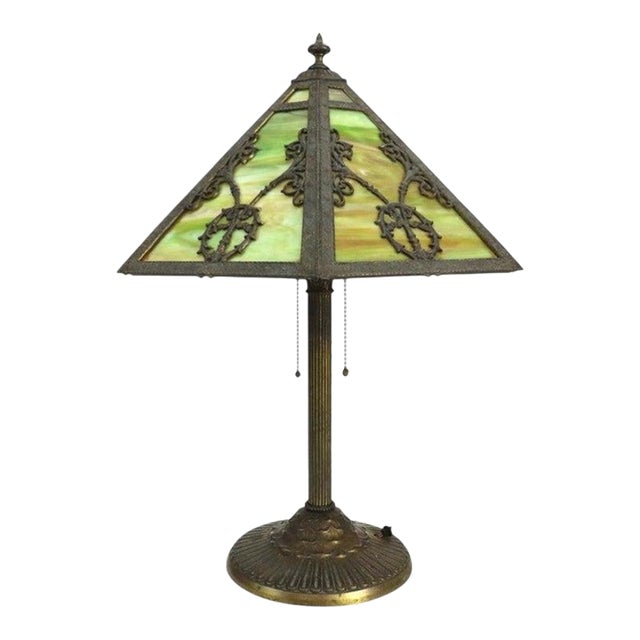 Arts & Crafts Rainaud 6 Panel Slag Glass Lamp, Manner of Bradley & Hubbard C1920 For Sale