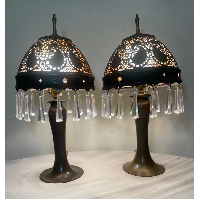 Arts & Crafts Antique Ornate Patinated Bonze Austrian Reticulated Electric Table Lamps - a Pair For Sale - Image 3 of 18