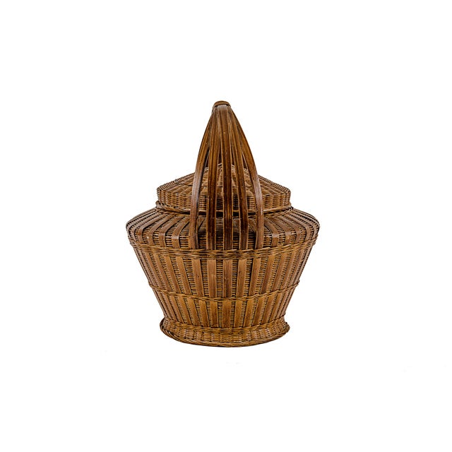 Vintage Antique Chinese Wedding Basket made of woven bamboo and rattan in Dark Brown. Lidded basket features an iconic...