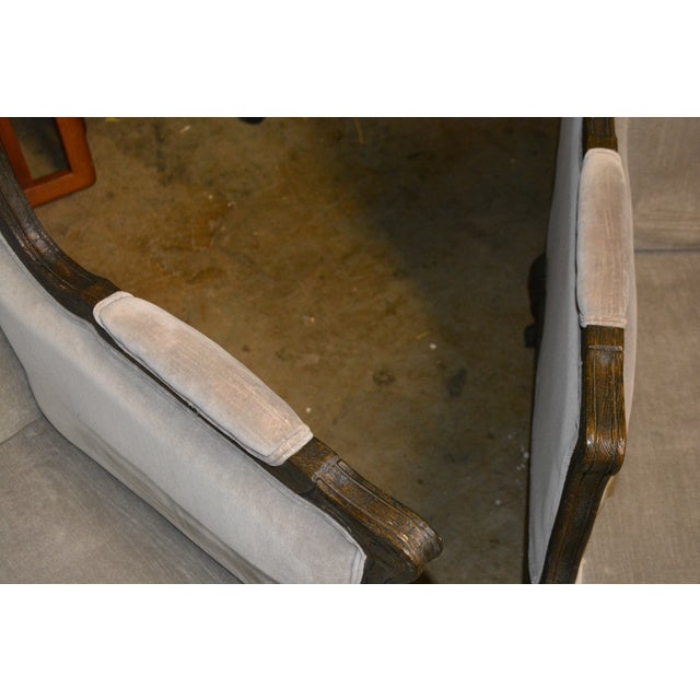 Restoration Hardware Pair Lorraine Gray Velvet Wing Back Bergere Arm Chairs W/ Wood Surround For Sale - Image 11 of 17