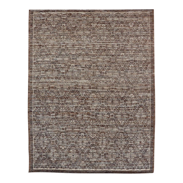Modern Rug in Wool With All-Over Geometric Tribal Design in Brown and Ivory For Sale