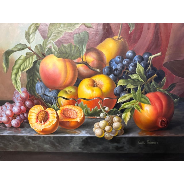 30” x 26 1/4” Very beautifully painted still Life fruit painting on canvas. By Carl Romney . Some slight spot of loss of...