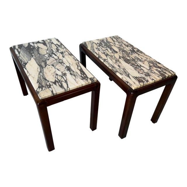 1960's Vintage French Mahogany and Marble Top Side Tables - A Pair For Sale