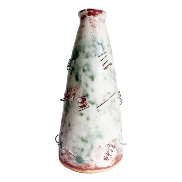 Folk Art Wire & Ceramic Vase, Signed For Sale