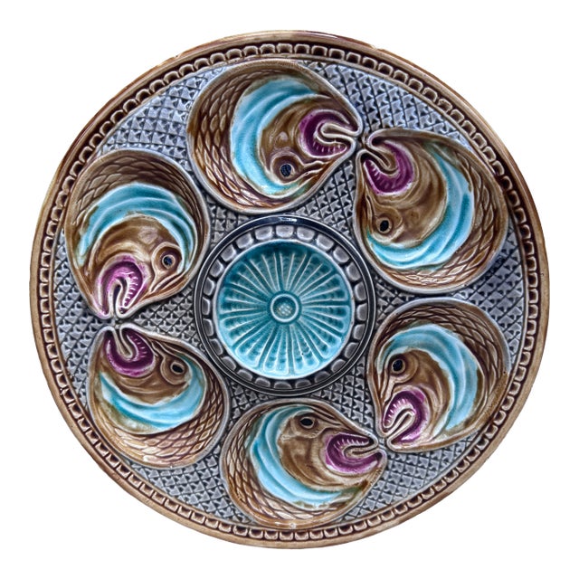 19th Century Majolica Fish Heads Oyster Plate Onnaing For Sale