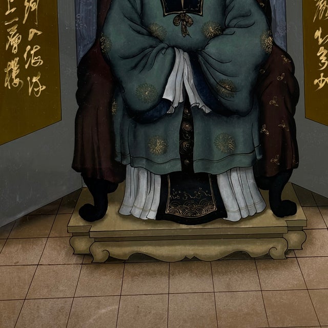 Mid 20th Century Chinese Reverse-Painted Glass Ancestor Portraits in Carved Wood Frames--Pair For Sale - Image 9 of 12