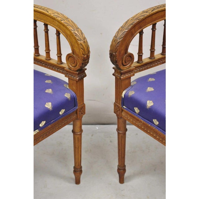 Antique French Louis XVI Style Carved Walnut Lyre Harp Corner Lounge Chair Pair For Sale - Image 9 of 12