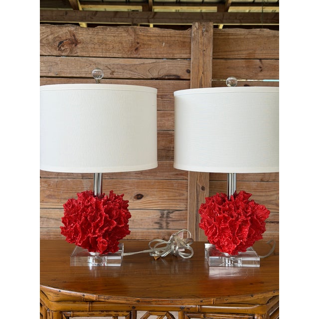 2010s Pair of Red Faux Coral Table Lamps on Clear Acrylic Bases For Sale - Image 5 of 12