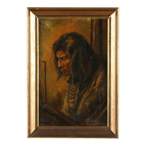 Martha E. Cunningham (American, 20th Century), an American Indian in Profile Oil on Board