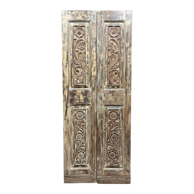 Vintage Hand-Carved Floral Closet Doors – Reclaimed Wood Brown Double Doors 80x32 For Sale
