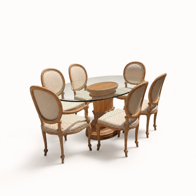 Wood Vintage Carved Wood Oval Glass Dining Set With Six Upholstered Chairs For Sale - Image 7 of 18