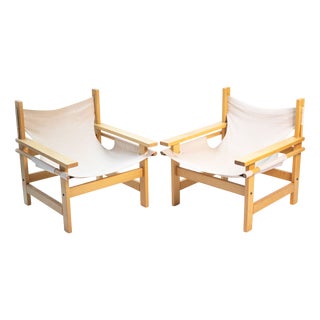 Mid-Century Modern Lounge Chairs in Wood with Canvas, 1960s, Set of 2 For Sale