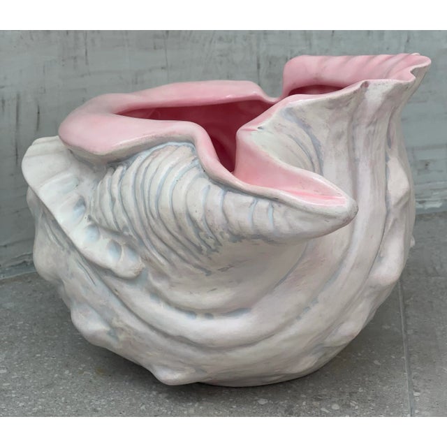 1978 Vintage Hollywood Regency Ceramic Conch Beach Shell Pink Coastal Cachepot, Planter For Sale - Image 10 of 12