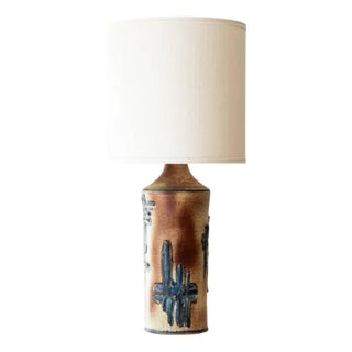 Ceramic Floor or Table Lamp with Beige Silk Lampshade attributed to R. Houben, 1970s For Sale