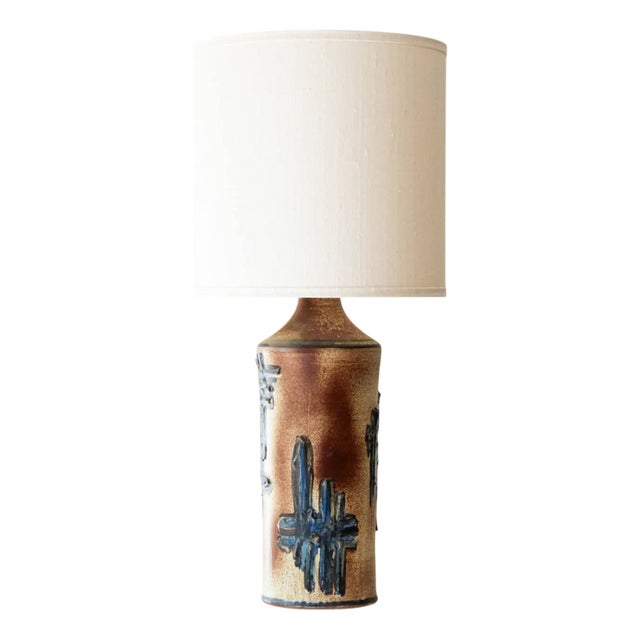 Ceramic Floor or Table Lamp with Beige Silk Lampshade attributed to R. Houben, 1970s For Sale
