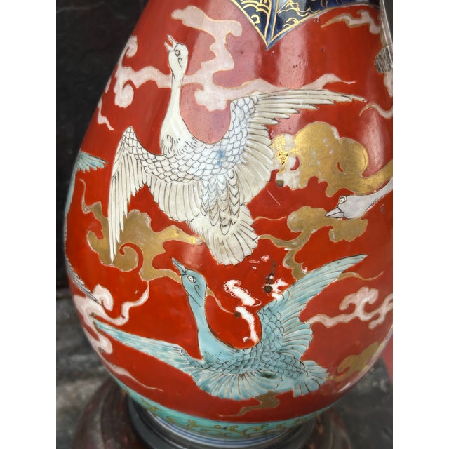 Early 20th C. Japanese Fukagawa Imari Crane Lamp With Silk Bell Shade & Brass Finial - Fully Rewired For Sale - Image 9 of 12