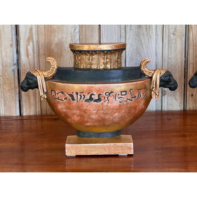 19th Century Pair of Neoclassical Painted and Gilt Flatback Urns in the Egyptian Taste For Sale - Image 6 of 9