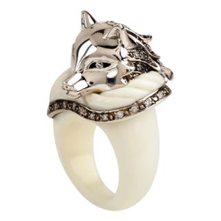 Miriam Salat Cream Ivory Fox Ring Set In Sterling Silver & White Topaz For Sale