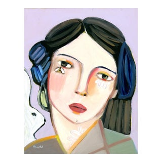 Girl With Rabbit, Abstract Cubist Portrait Oil Painting, Signed For Sale