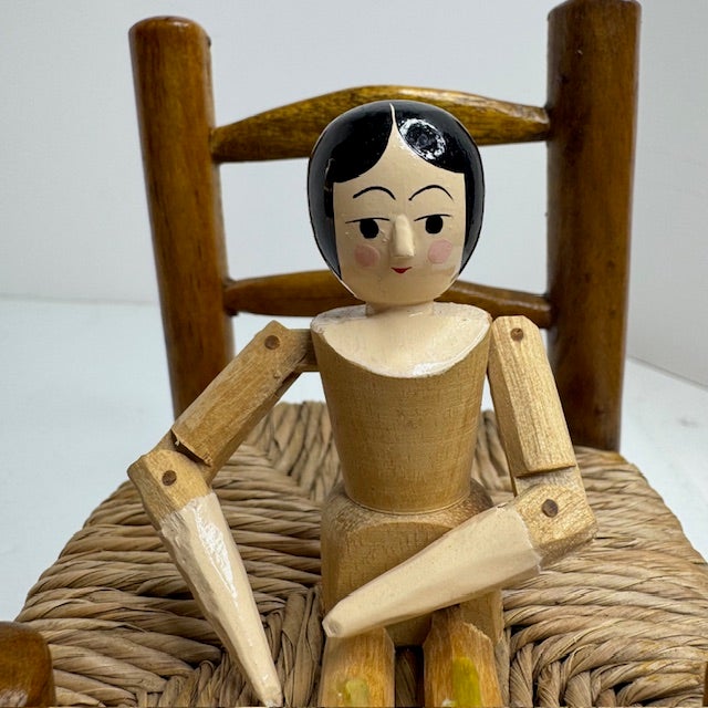 Mid-Century Modern Vintage Eric Horne Co. Wooden Peg Doll in a Rush-Seat Chair, Made in Usa For Sale - Image 3 of 15