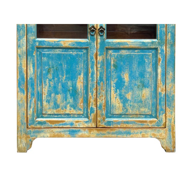Shabby Chic Turquoise Blue Half-Glass Doors Medium Size Cabinet For Sale - Image 11 of 15
