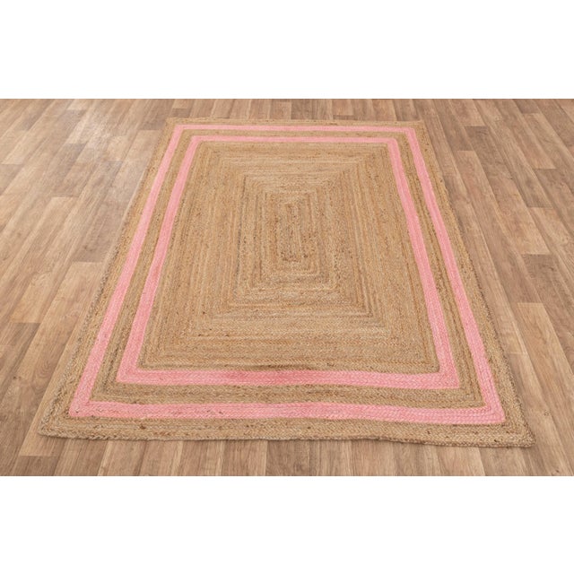 Boho Chic 4' X 6' Pink Border Rectangle Jute Handmade Rug For Sale - Image 3 of 11