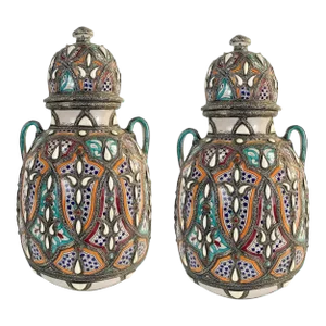 Vintage Moroccan Palatial Lidded Pottery Vase or Urn With Brass Inlay, a Pair