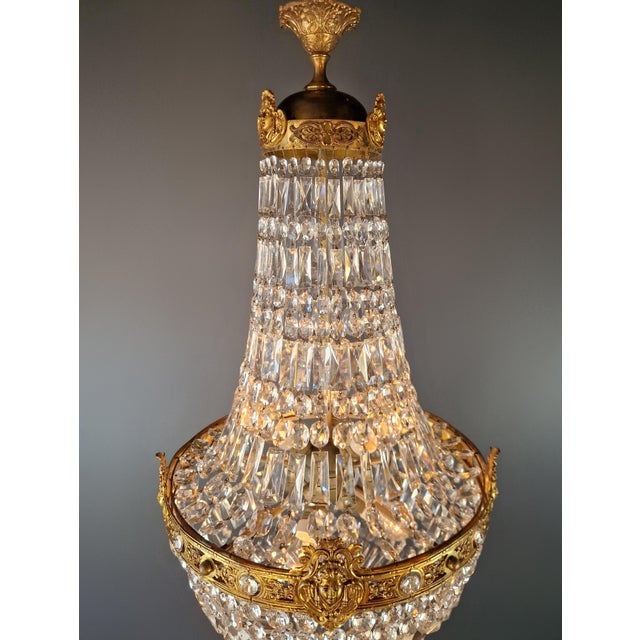 Putti Face Empire Chandelier Crystal Gold Basket Antique Brass Classic For Sale - Image 11 of 11