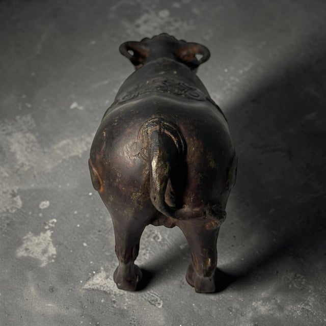 Antique Asian Cast Metal Water Buffalo Ox Sculpture Engraved Figurine 8.5" For Sale - Image 9 of 18