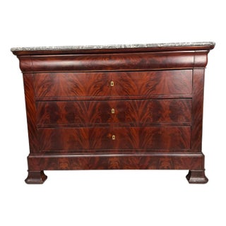 19th Century Louis Phillipe Commode in Burled Walnut with Grey Marble Top For Sale