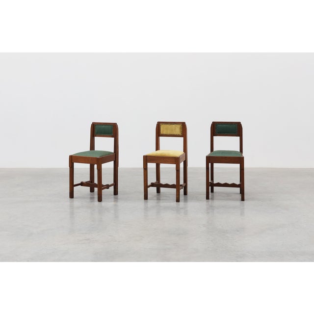Belgian Art Deco Modernist Oak Side Chair with Green Upholstery, 1920s For Sale - Image 13 of 14