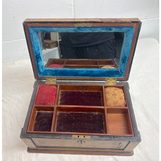 Antique 19th Century Handmade Inlaid Marquetry Parquetry Wood Jewelry Sewing Box For Sale - Image 13 of 17