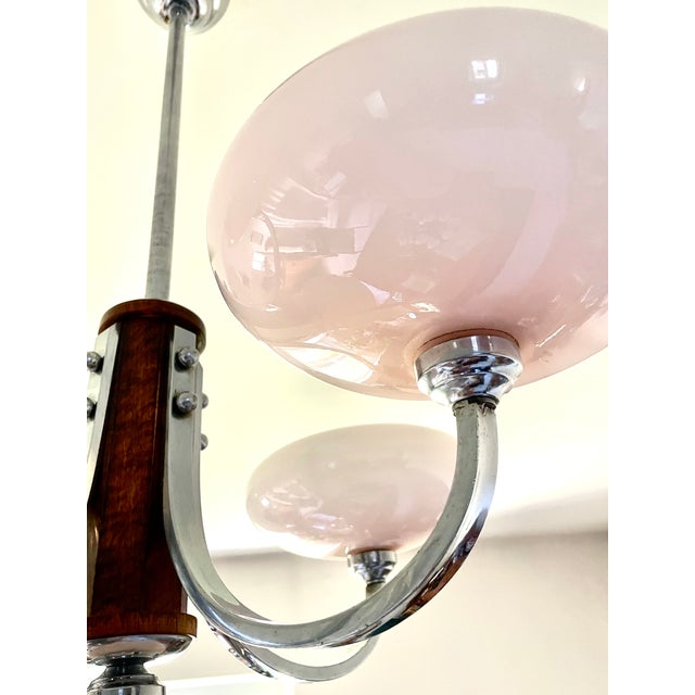 Pink Art Deco Chandelier in Pink Glass, Wood and Chrome, 1930 For Sale - Image 8 of 13