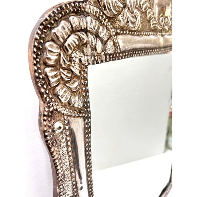English Antique Sterling Silver Repoussé Mirror – Large Ornate Peruvian Silver Wall Framed Mirror For Sale - Image 3 of 12