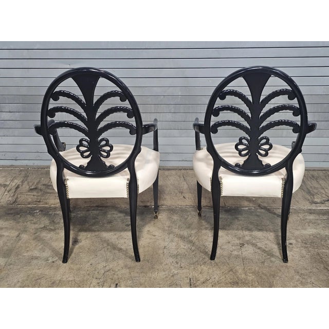 Late 20th Century Pair of Karges Hepplewhite Plum Arm Chairs Ebonized, Carved Hand Painted Leather Fabric For Sale - Image 13 of 14