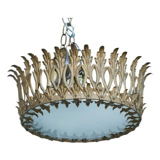 Mid 20th Century Spanish Gilt Metal Crown Chandelier with Elongated Leaves, US Wired For Sale