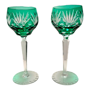 1970s Set of 2 Caroline Emerald Green Cased Cut to Clear Crysyal Vintage Wine Goblets