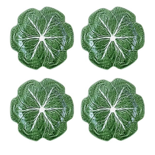 Bordallo Pinheiro Vintage Mid-Century Modern Bordallo Pinheiro Cabbage Majolica Green Dinner Plate - Set of 4 For Sale - Image 4 of 4