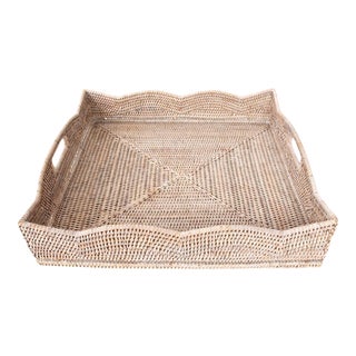Artifacts Rattan Scallop Collection Square Tray with Cutout Handles in White Wash - 20" For Sale