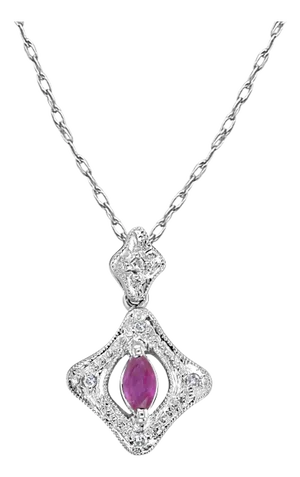 Ruby & Diamond Antique Style Necklace 14k White Gold 16"