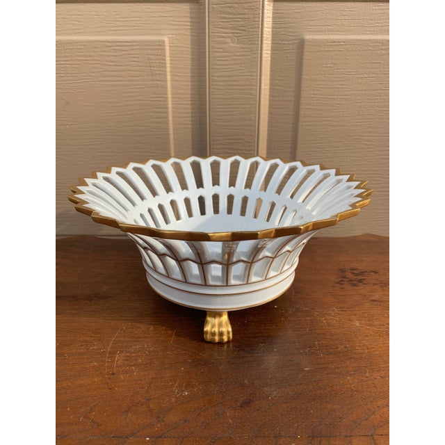 Reticulated Porcelain Basket With Gilt Detail and Lion Paw Feet For Sale - Image 4 of 10